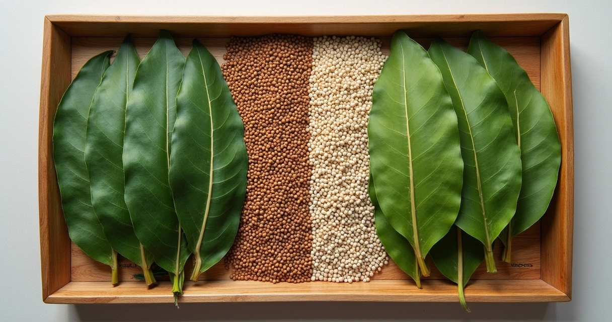 Folhas e sementes de moringa organizadas lado a lado