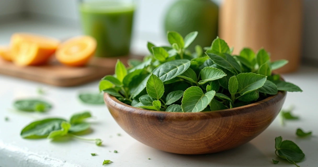 Folhas frescas de moringa organizadas em um bowl de madeira