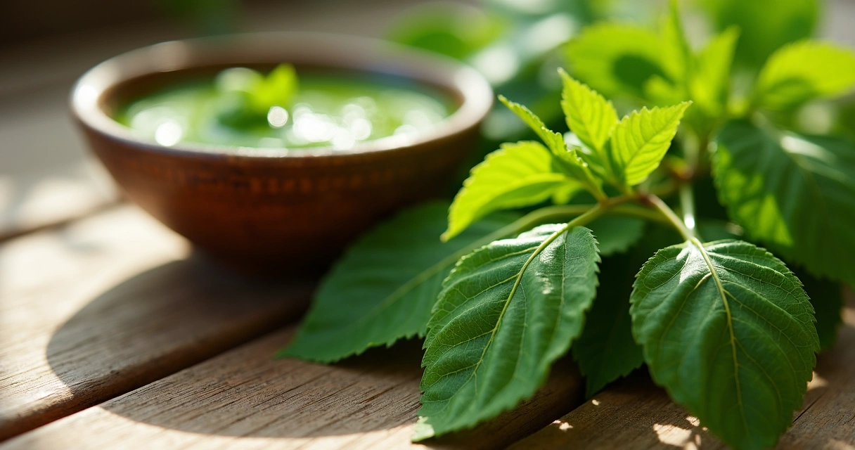 Folhas de moringa frescas ao lado de uma pasta verde em prato fundo