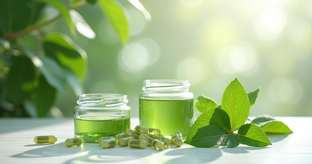 Folhas frescas de moringa ao lado de frascos de produtos naturais para pele e cabelo sobre superfície branca 