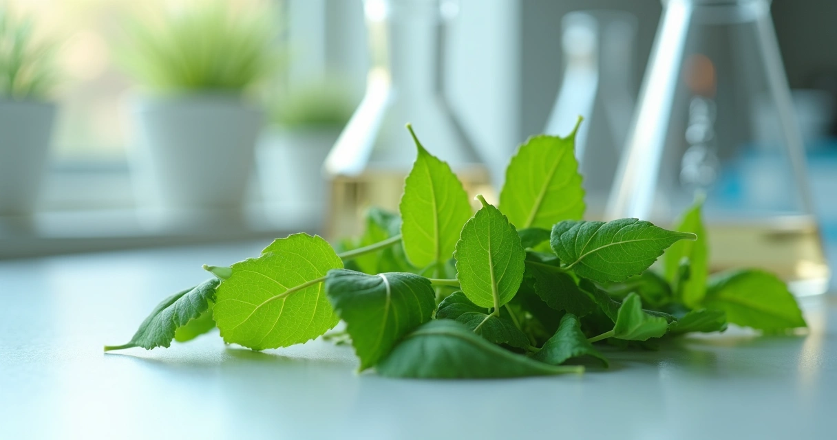 Folhas de moringa sobre uma bancada de pesquisa científica 