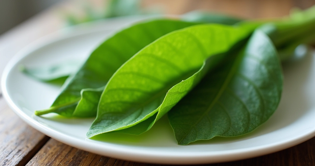 Folhas de moringa frescas em prato branco de cerâmica 