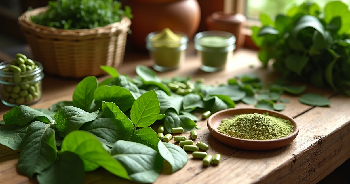 Folhas de moringa sendo processadas em bancada de madeira
