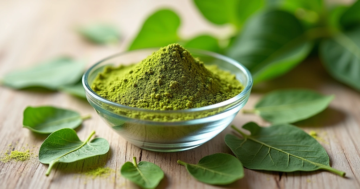Folhas secas de moringa espalhadas sobre uma mesa de madeira clara 