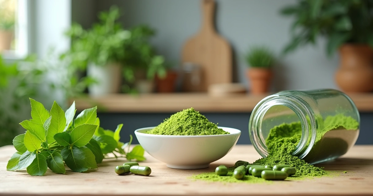 Comparação de moringa fresca, em cápsulas e em pó sobre bancada de madeira 