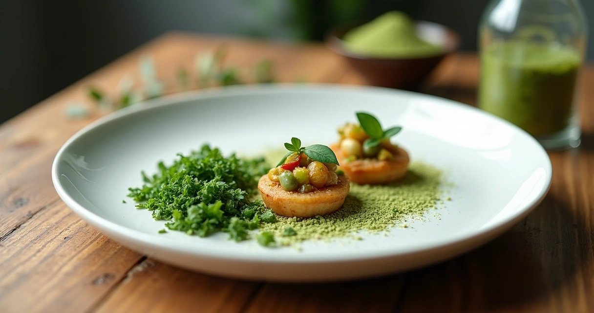 Moringa fresca e desidratada lado a lado em prato gourmet branco 