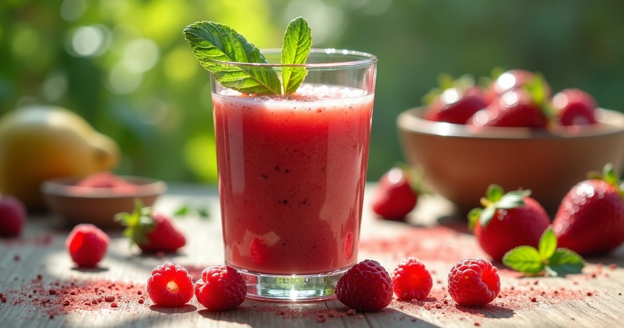 Suco de moringa com frutas vermelhas decorado com folhas de moringa 