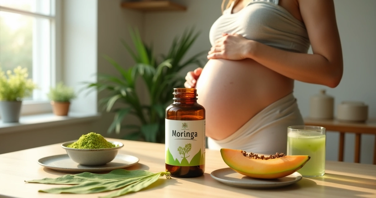Gestante lactante segurando pote de moringa sobre mesa com alimentos naturais 