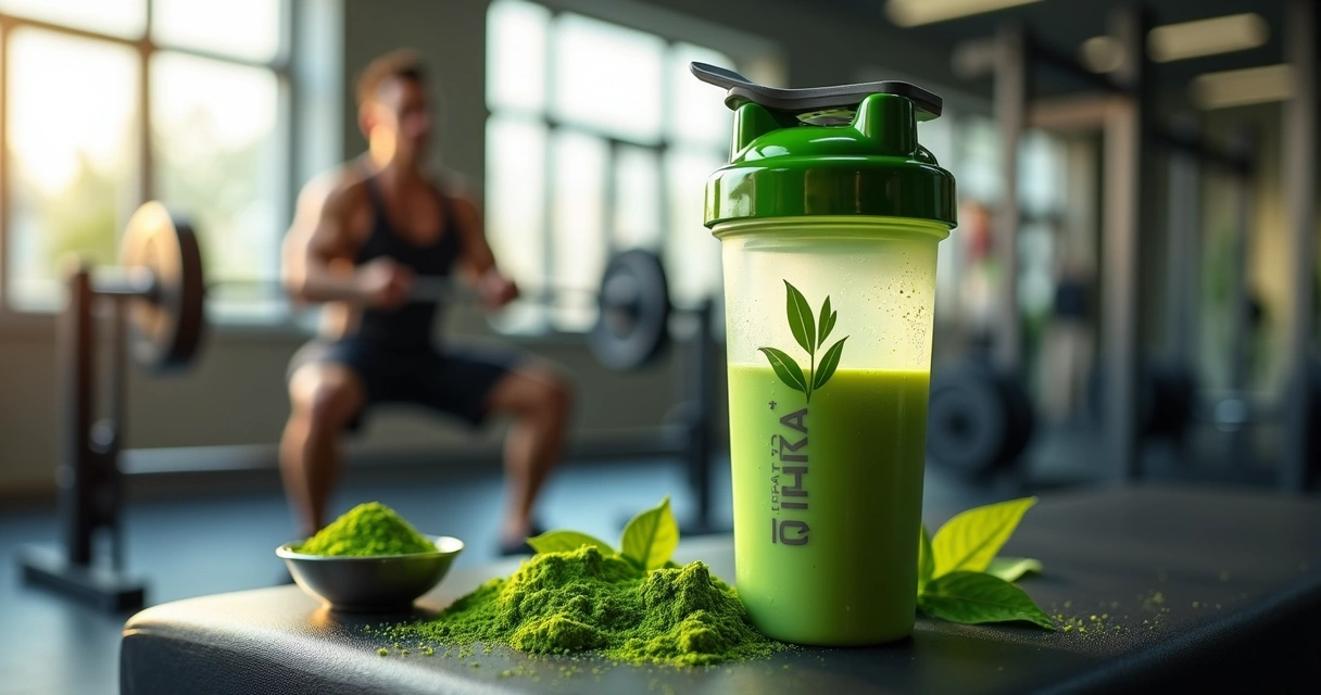 Shake verde de moringa ao lado de halteres em academia moderna 