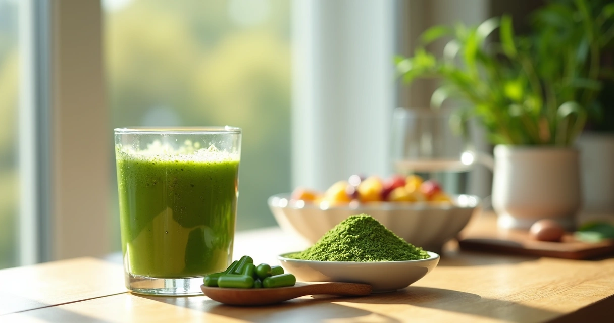 Copo de smoothie verde de moringa ao lado de cápsulas sobre mesa de café da manhã 