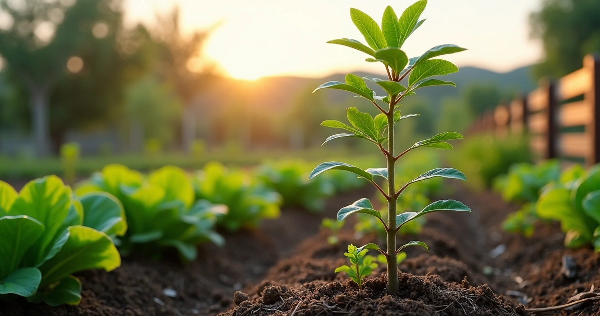 Muda de moringa plantada em horta orgânica com outras hortaliças ao redor 