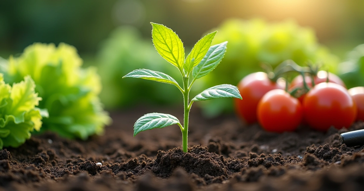 Muda de moringa plantada em horta orgânica com solo fértil e hortaliças ao redor