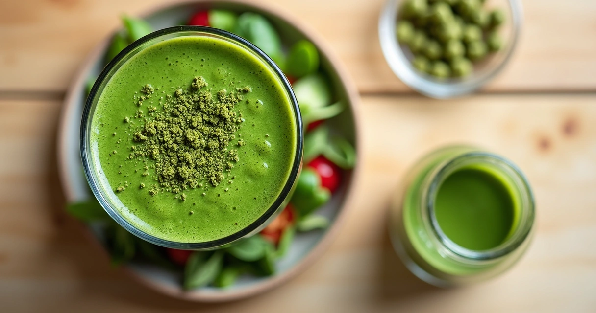 Suco verde e salada de folhas com moringa em pó ao lado 