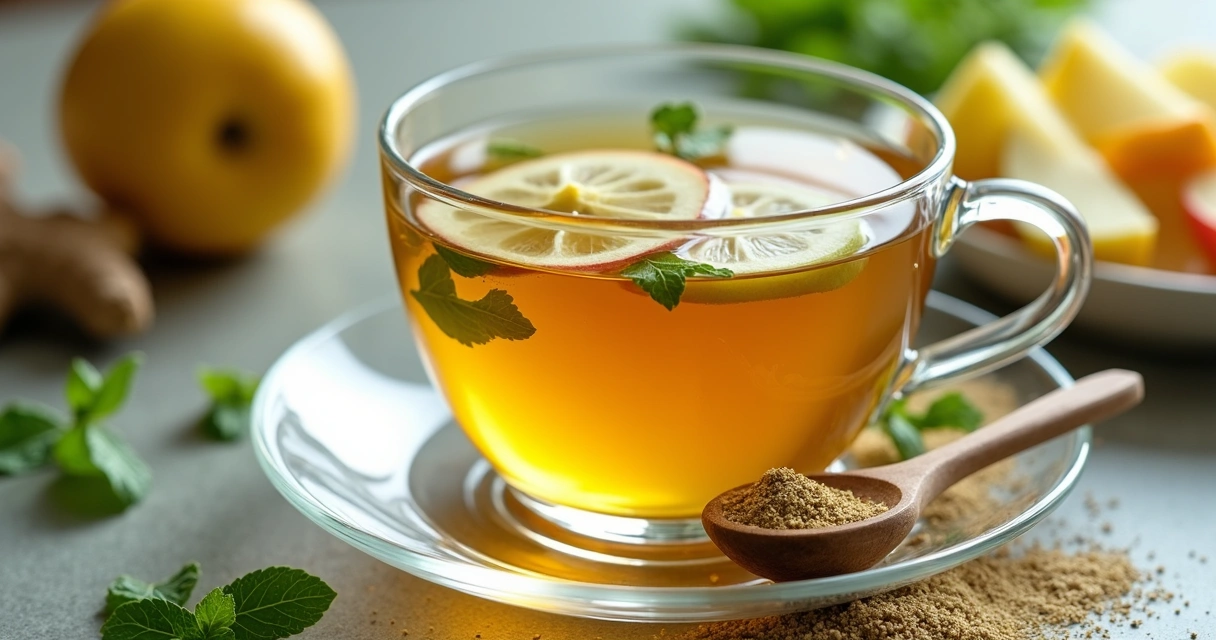 Chá de moringa infusionado com frutas em uma xícara 