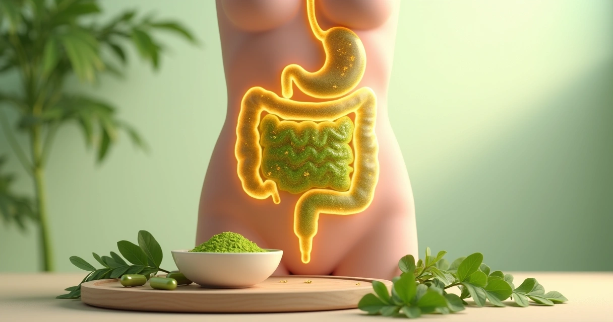 Ilustração fotográfica de intestino saudável com cápsulas e folhas de moringa ao redor 