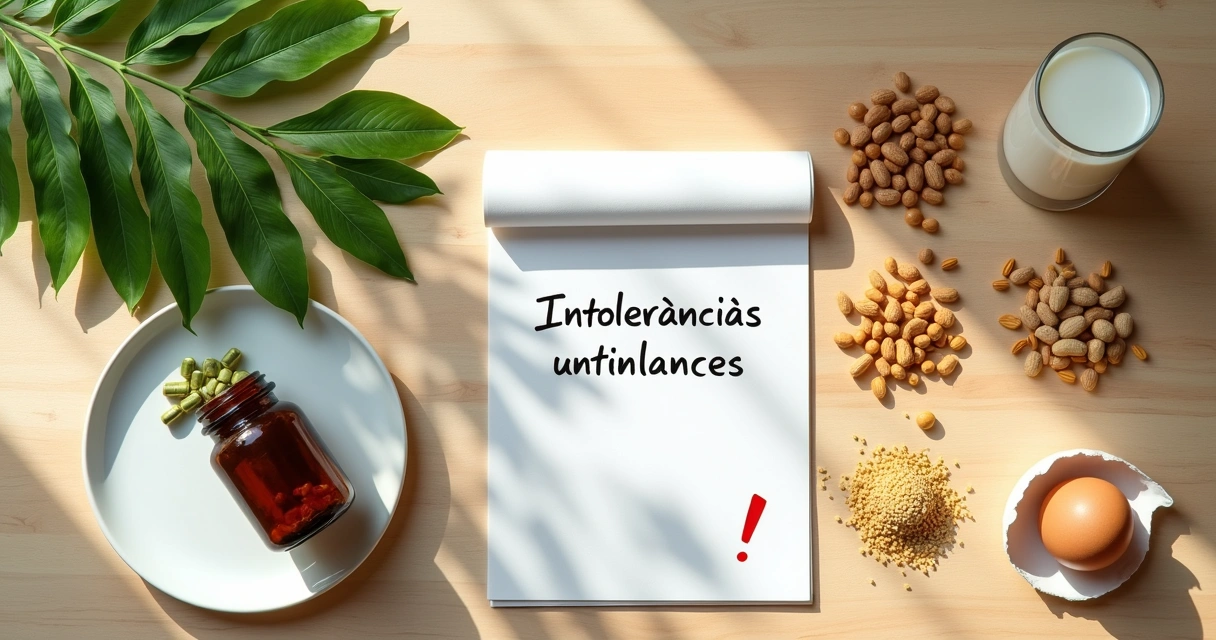 Folhas de moringa, cápsulas e alimentos comuns causadores de intolerância sobre uma mesa clara 