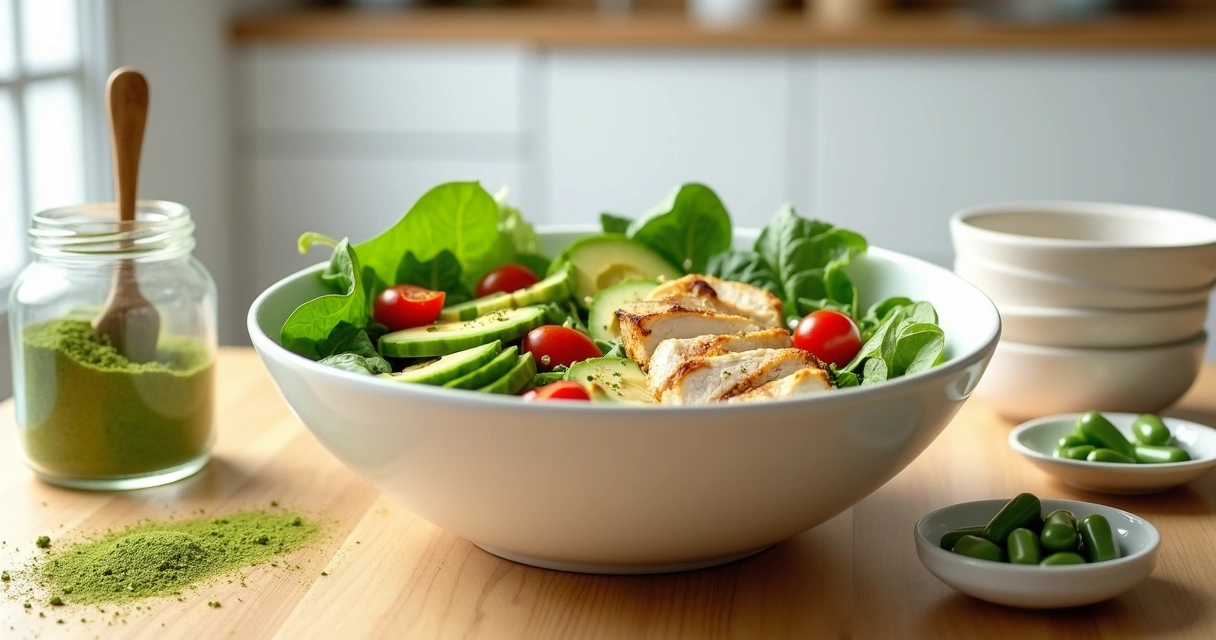 Tigela com refeição low carb colorida com moringa em pó e cápsulas ao lado 