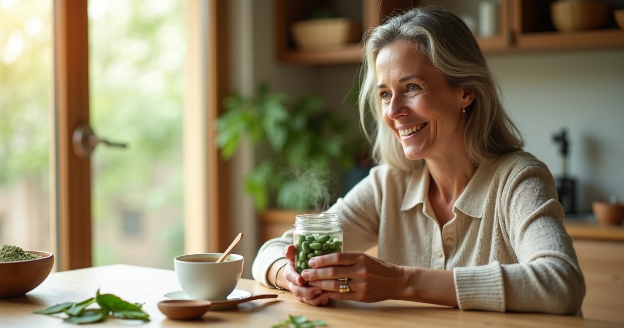 Mulher madura segurando cápsulas de moringa ao lado de xícara de chá 