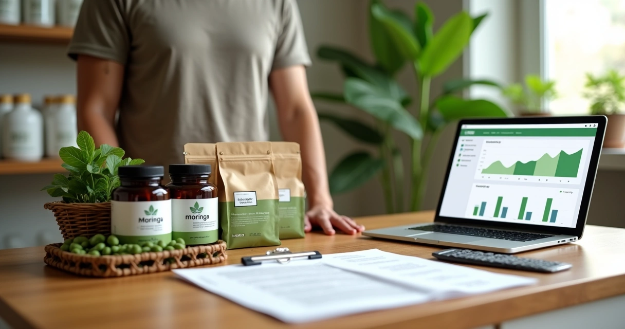 Microempreendedor organizando produtos de moringa em exposição com documentos legais na mesa 