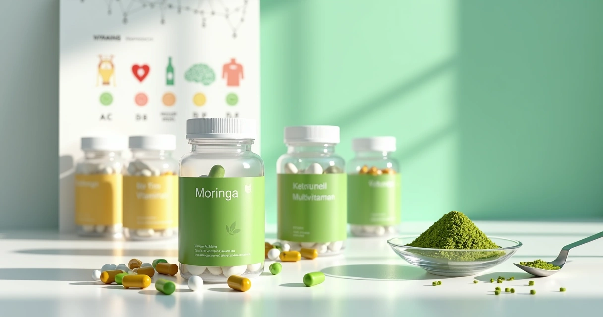 Frascos de multivitamínicos com moringa sobre fundo verde com ilustrações de nutrientes 