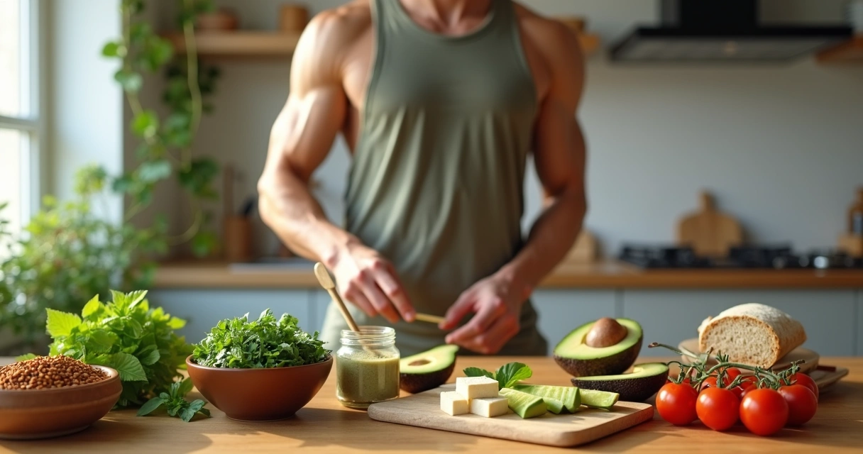 Vegetariano forte preparando refeição com moringa na cozinha 