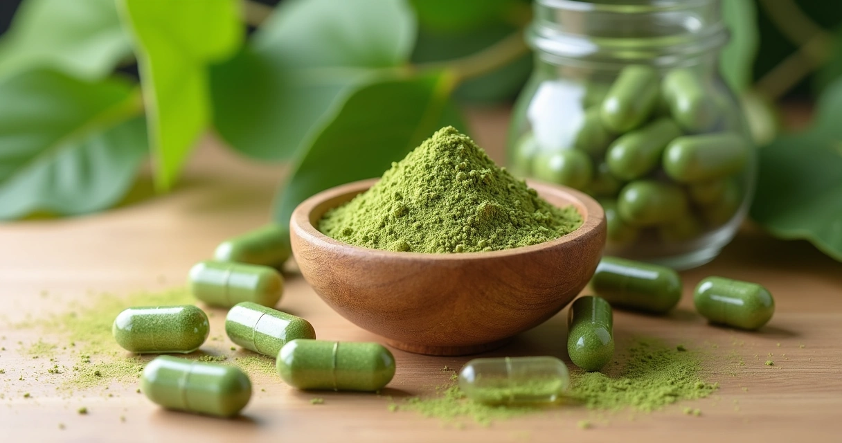 Pó de moringa e cápsulas em uma superfície de madeira clara