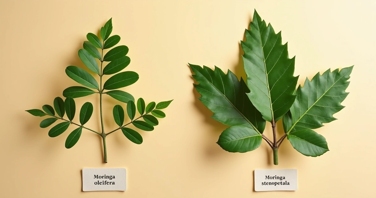 Ramos de moringa oleifera e stenopetala lado a lado sobre fundo neutro 