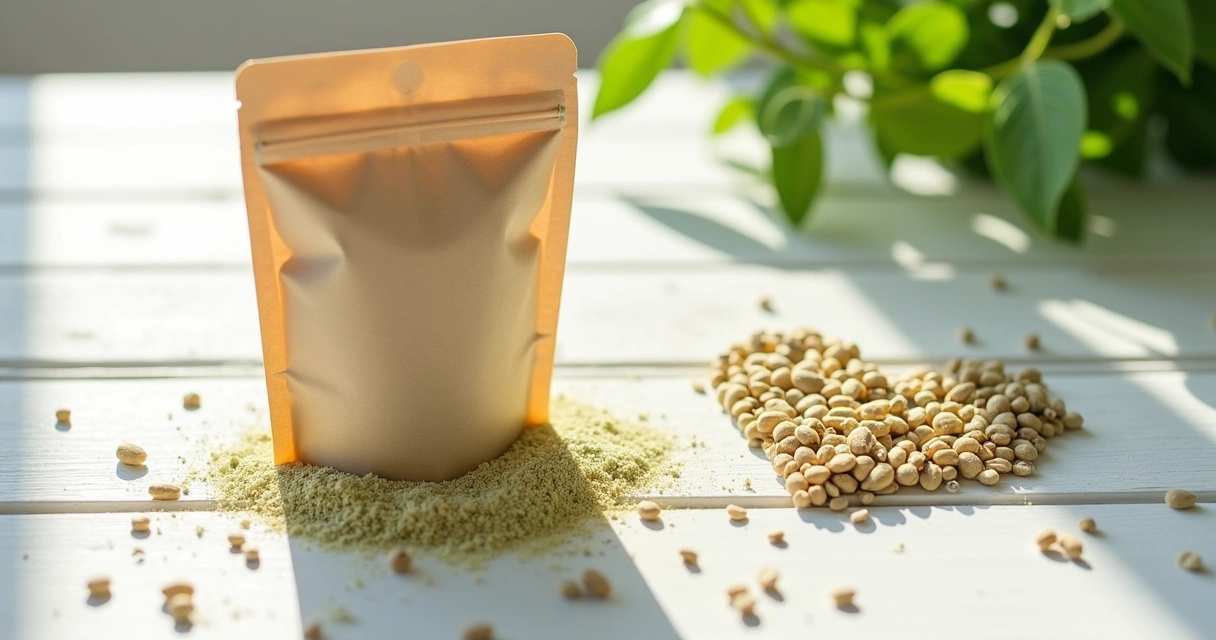 Pacote de pó de moringa ao lado de coração feito de sementes 