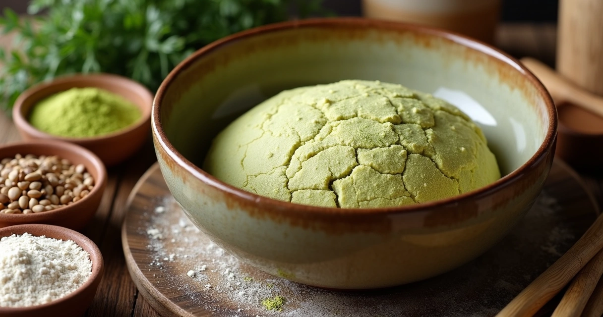 Massa de pão verde misturada com moringa em uma tigela 