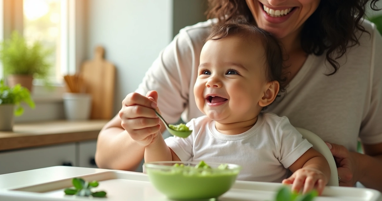 Bebê com colher sendo alimentado com papinha creme verde claro