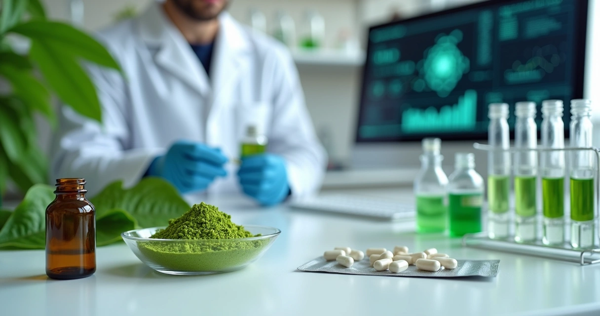 Folhas de moringa ao lado de frascos de laboratório em bancada branca 