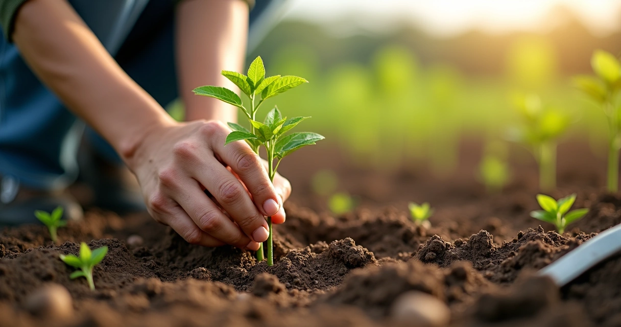 Mulher plantando muda de moringa no solo fértil 
