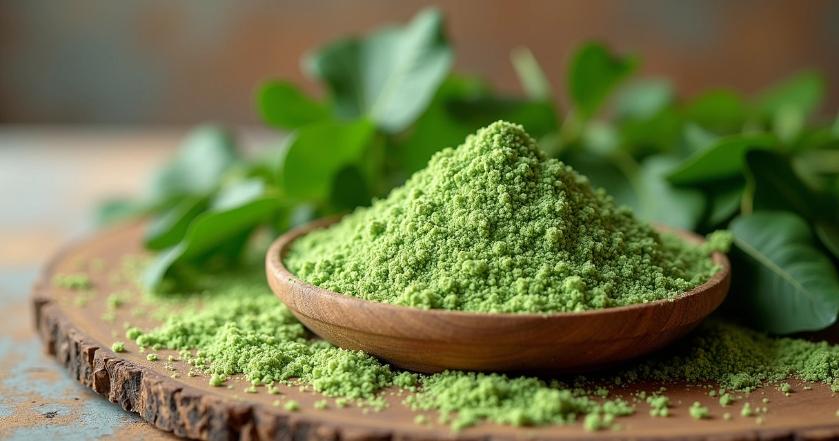 Pó de moringa espalhado ao lado de colheres de madeira e alimentos naturais 