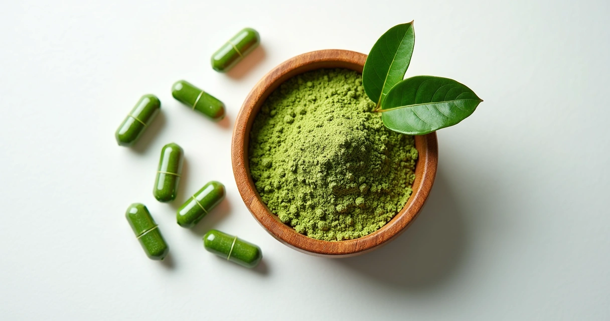 Moringa em pó e cápsulas em fundo claro