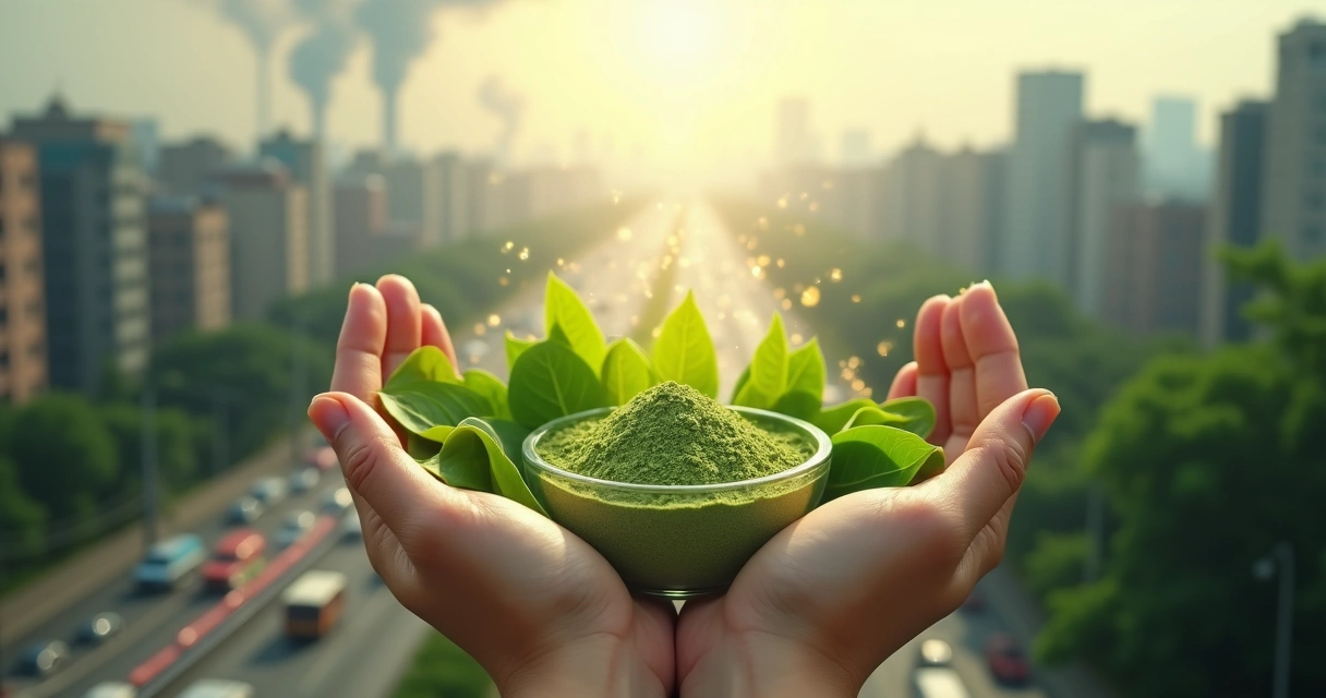 Folha de moringa em mãos protegendo cidade poluída ao fundo 
