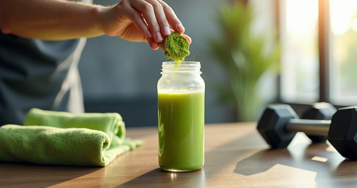 Pessoa adicionando moringa em pó ao shake pós-treino
