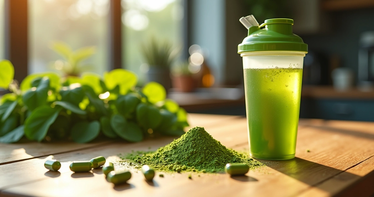 Cápsulas de moringa ao lado de copo com suplemento esportivo e folhas verdes