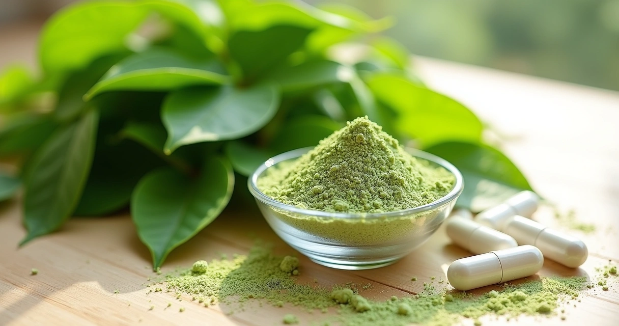 Diferentes formas de moringa: pó, cápsulas e folhas frescas sobre uma mesa clara