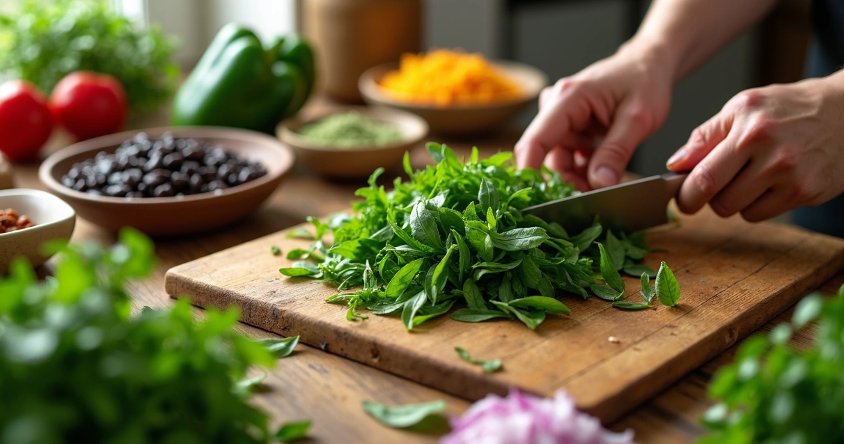 Moringa fresca sendo picada ao lado de ingredientes tradicionais brasileiros