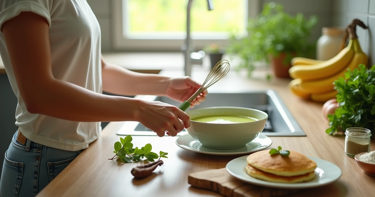 Preparando panqueca de moringa em cozinha iluminada 