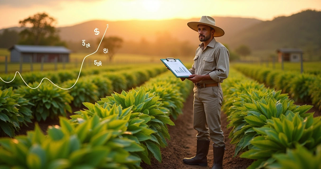 Produtor rural analisando plantação de moringa em propriedade agrícola 