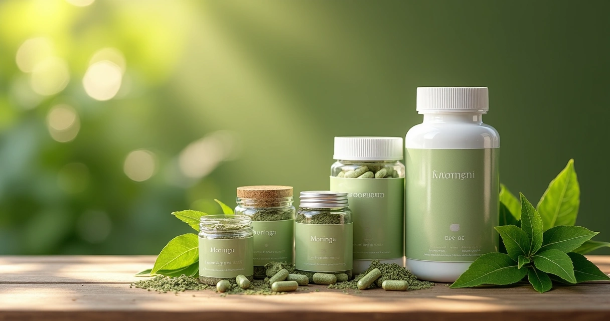 Diferentes produtos de moringa embalados sobre uma mesa de madeira. 