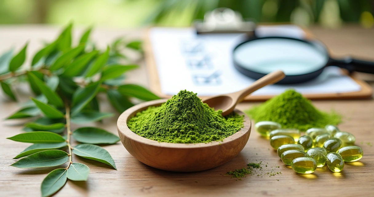 Folhas, pó e cápsulas de moringa pura lado a lado em mesa de madeira 