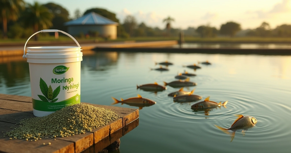 Tanque de piscicultura com ração de moringa próxima à água e peixes se alimentando na superfície 