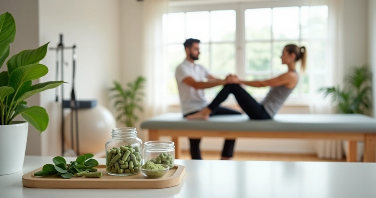 Fisioterapeuta orientando paciente em exercício com folhas de moringa ao lado 