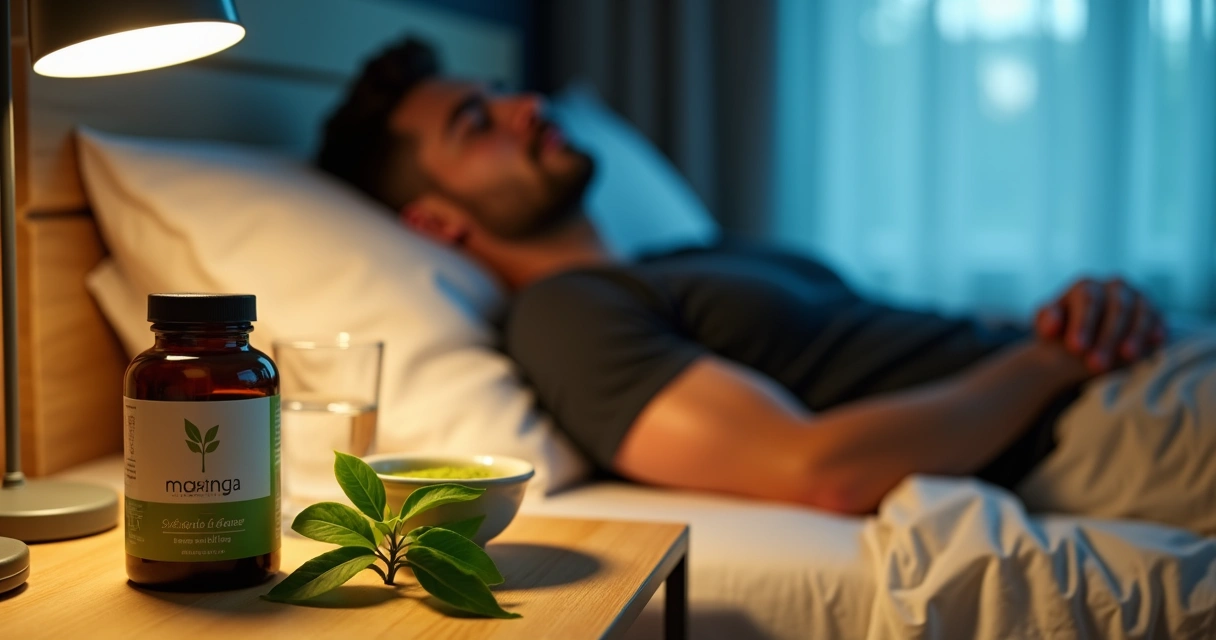 Homem descansando à noite com suplemento de moringa ao lado da cama 