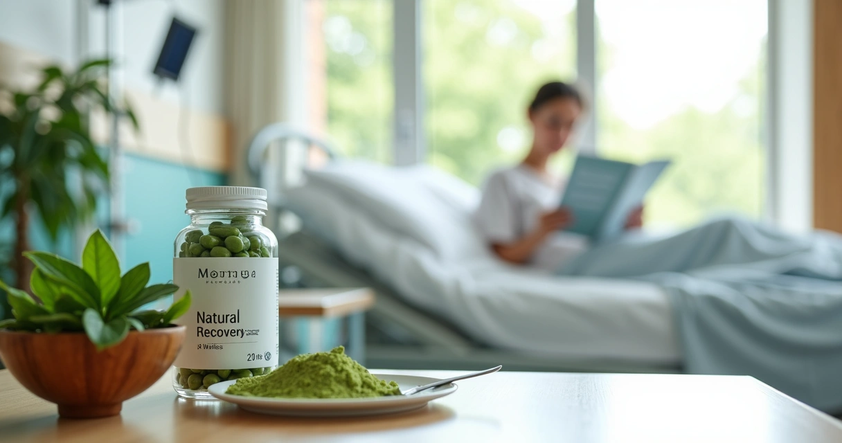 Mesa com cápsulas de moringa ao lado de paciente em recuperação pós-cirúrgica 