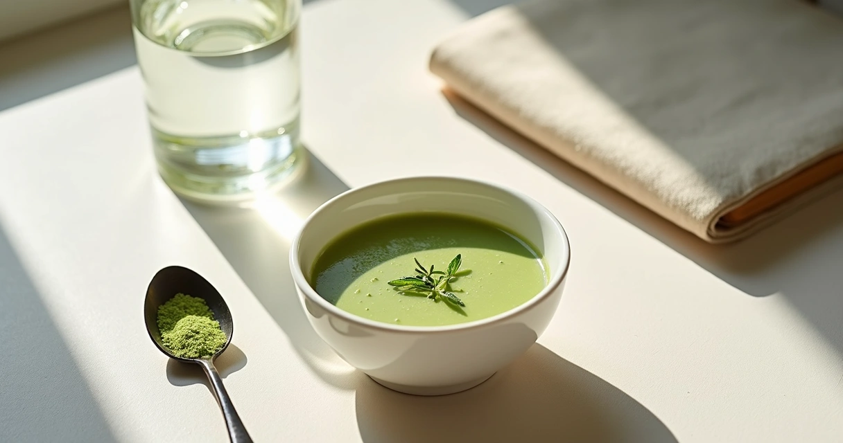 Tigela com refeição leve e moringa em pó ao lado