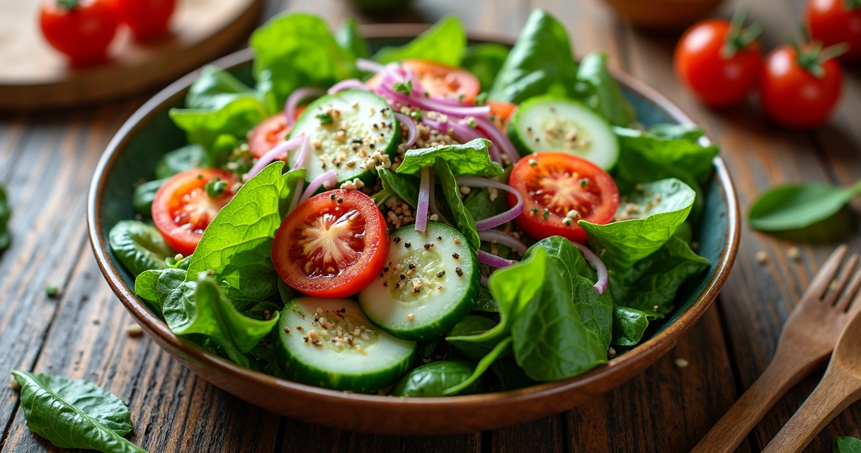 Salada verde com folhas frescas de moringa, tomate e pepino