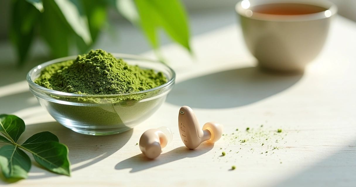 Folha de moringa ao lado de aparelho auditivo sobre fundo claro 